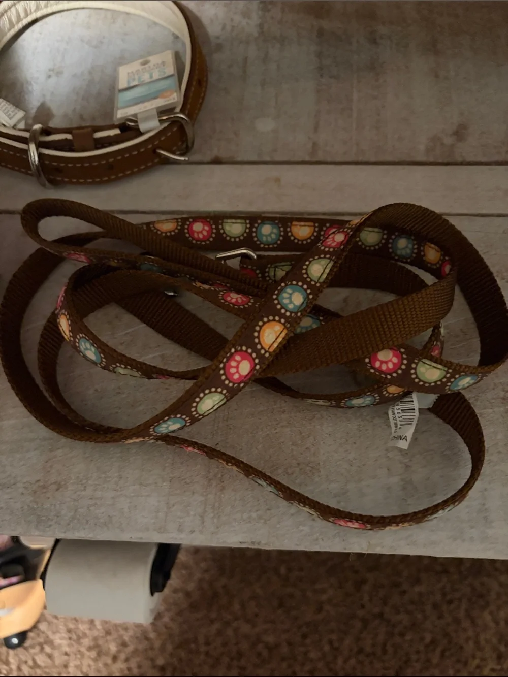 Brown Leather Dog Collar and leash and a licking mat for cat or dog